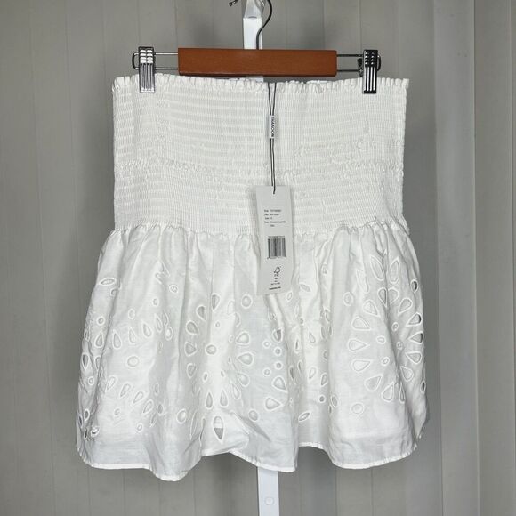 Thakoon Mini Skirt White Color Poplin Eyelet Smocked Waist Size 10 NWT - Picture 1 of 6